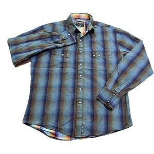 Vintage Men's Size Large L Wrangler Retro Western Blue Plaid Pearl Snap Shirt